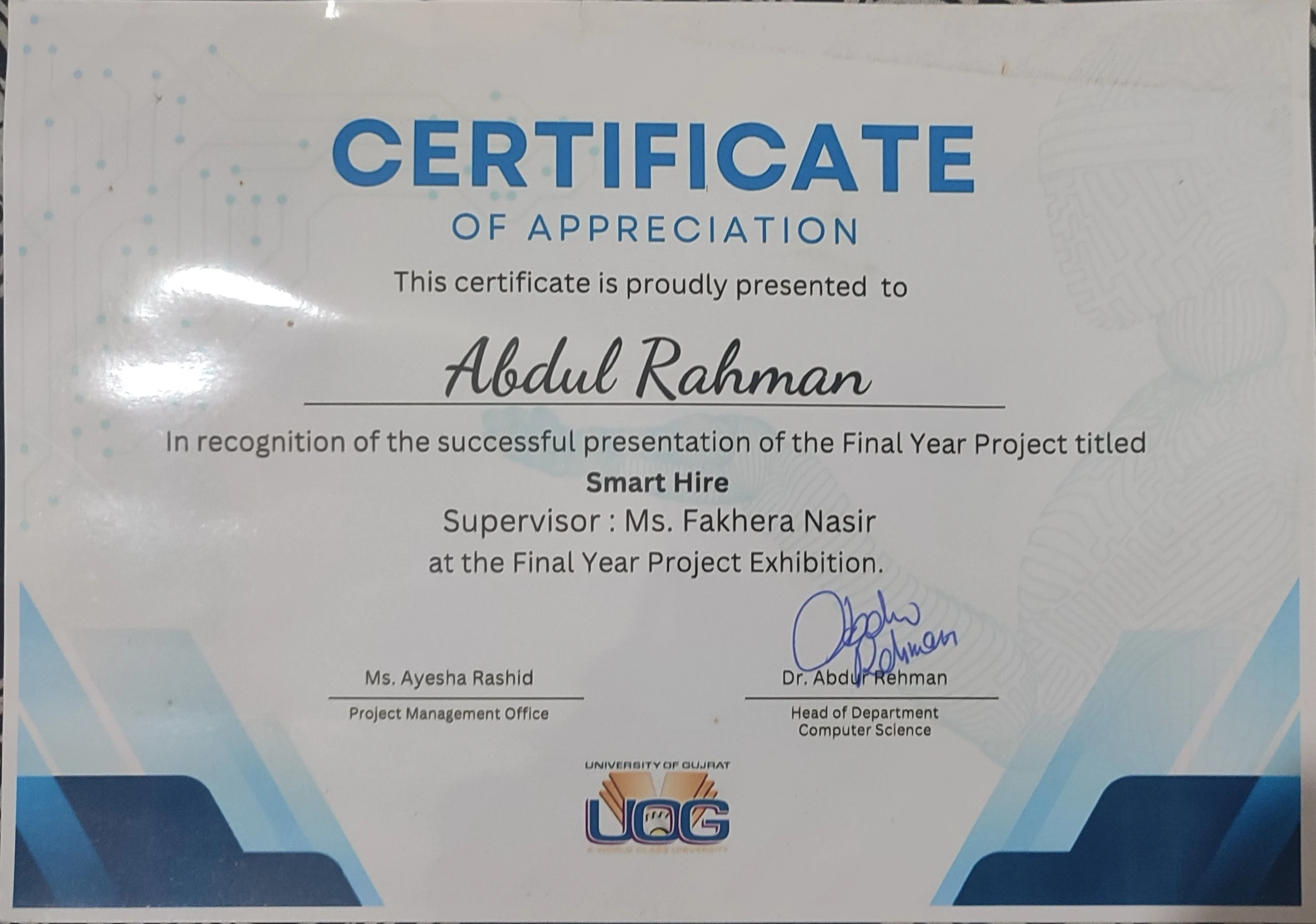 Smart Hire — Certificate of Appreciation (University of Gujrat)